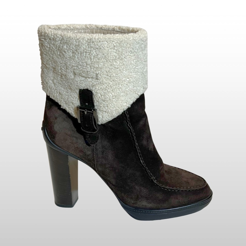 Tod's Brown Suede Lamb Fur Buckle Platform Ankle Boots